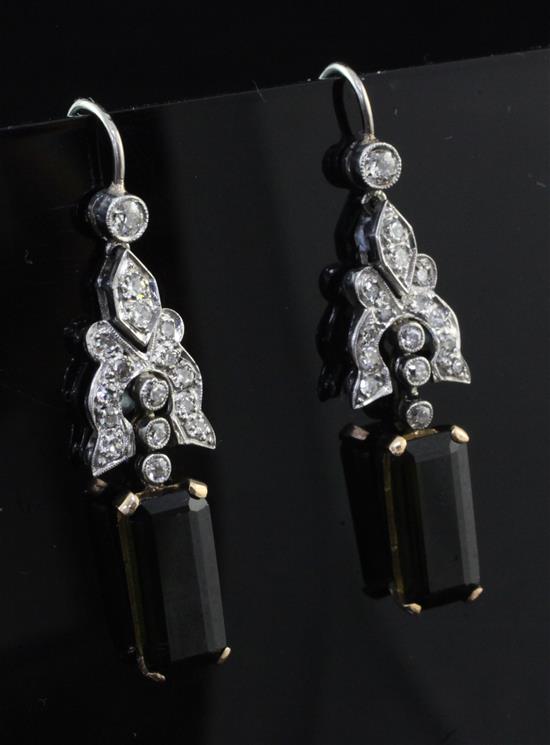 A pair of early 20th century gold, green tourmaline and diamond drop earrings, 1.5in.